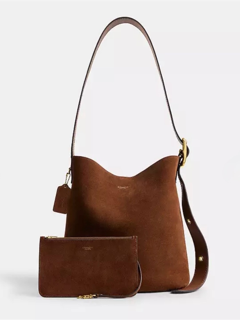 COACH Bleecker Bucket Bag Brown Suede Shoulder Bag Removable Pouch